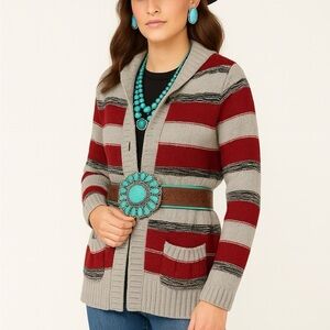 Bob Timberlake 100% Lambswool Hooded Cardigan Jacket Red Gray Striped L Cozy